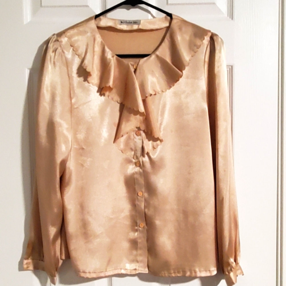 Vintage pale gold silky ruffled blouse